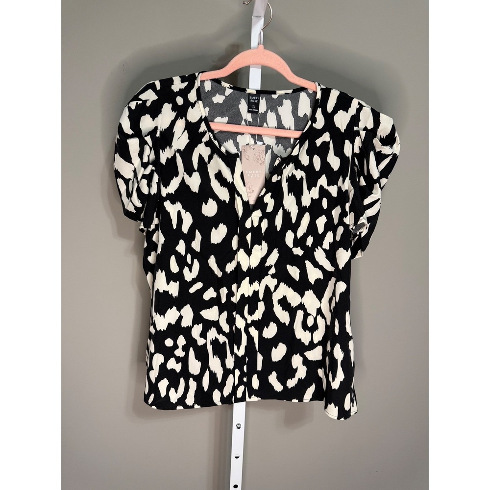 Emery Rose NWT XL Black White Leopard Print V-Neck Blouse Workwear Office - Picture 2 of 6